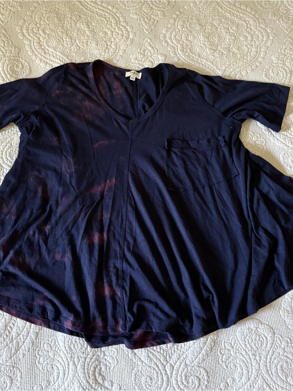 Umgee Navy Tie-Dye Short Sleeve V-Neck Pocket Tee Small